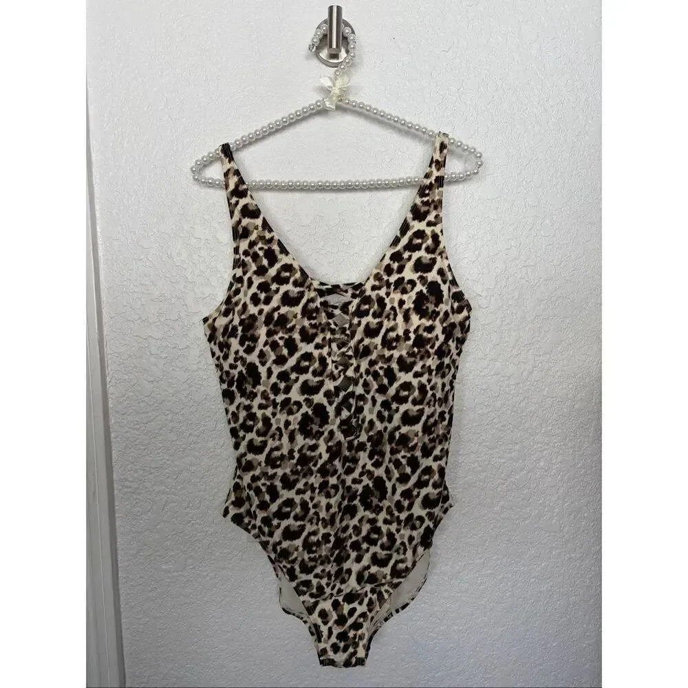 BLEU Rod Beattie Skin Games Lace-Up One-Piece Swimsuit in Leopard Print Size 14